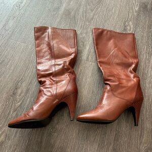 Nine West Brown Leather Pointed-Toe Mid-Calf Heeled Boots